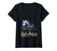 Donna Harry Potter Moon Over Hogwarts Maglietta con Collo a V