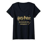 Donna Harry Potter Muggles On Holiday Wand Maglietta con Collo a V