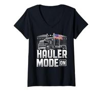 Donna Hauler Mode ON Patriotic Trucker Big Rig, motivo: bandiera USA Maglietta con Collo a V