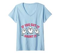 Donna Haunt It Shirt Cute Ghosts Funny Halloween Citazione Ottobre Maglietta con Collo a V