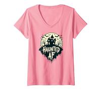 Donna Haunted AF: Spooky Manor Halloween Horror Night Maglietta con Collo a V, Rosa, M