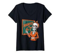 Donna Haunted By 6-7 Insegnante Matematica Halloween Scheletro Maglietta con Collo a V