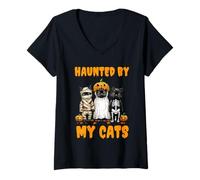 Donna Haunted By My Cats - Costume da Zucca Fantasma Divertente per Halloween Maglietta con Collo a V