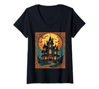 Donna Haunted House - Modo Mezze Lune Maglietta con Collo a V