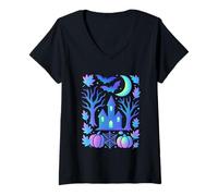 Donna Haunted House Pipistrelli Luna Notte Spettrale Maglietta con Collo a V