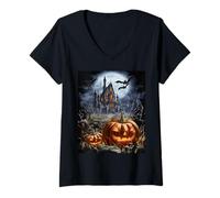 Donna Haunted House Scenery con Jack O Lanterna Zucche Maglietta con Collo a V
