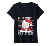 Donna Have a Purrfect Christmas Ugly Christmas Gatti Maglietta con Collo a V