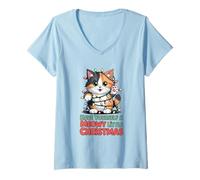 Donna Have Yourself A Meowy Little Christmas, Simpatico Gattino Calico Maglietta con Collo a V