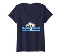 Donna Hawaii Aloha Palmetto Palm Hibiscus Flower Hawaii Surfer Maglietta con Collo a V