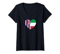 Donna Hawaii and Italy Flags: Heart Shaped Unity Maglietta con Collo a V