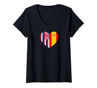 Donna Hawaii and Spain Flags: Heart Shaped Unity Maglietta con Collo a V
