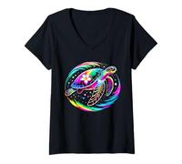 Donna Hawaii Colorato Tie-Dye Sea Turtle Beachwear Hawaii Vibes Maglietta con Collo a V