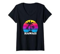 Donna Hawaii Retro Palma Tramonto Hawaiian Vacation Beach Trip Maglietta con Collo a V