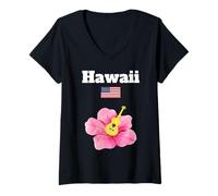 Donna Hawaii Souvenir Ibisco Fiore Tropicale Tiki Musica Bandiera degli Stati Uniti Maglietta con Collo a V
