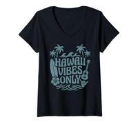 Donna Hawaii Vibes Only Surf Shaka - Ukulele con Onde di Palma, Arte Tropicale Maglietta con Collo a V