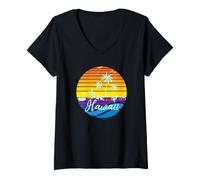Donna Hawaii Vintage Sunset Surfer Souvenir Maglietta con Collo a V