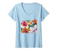 Donna Hawaiian Hibiscus Summer Floral Collage Tiger Lily Flower Maglietta con Collo a V