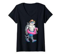Donna Hawaiian Shark Pink Flamingo Float Pool Summer Men Kids Maglietta con Collo a V