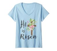 Donna He is Risen Floral Cross Vintage Happy Easter Maglietta con Collo a V