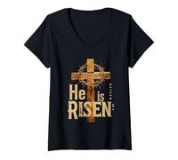 Donna He is Risen Retro Vintage Croce Happy Easter Maglietta con Collo a V
