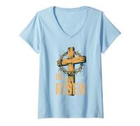 Donna He is Risen Retro Vintage Croce Happy Easter Maglietta con Collo a V