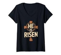 Donna He is Risen Retro Vintage Croce Happy Easter Maglietta con Collo a V