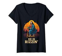 Donna He Is Rizzin Retro Funny Christian Easter Meme Maglietta con Collo a V