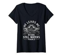 Donna He Leads Me Beside Still Waters Maglietta con Collo a V