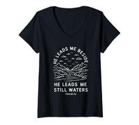 Donna He Leads Me Beside Still Waters Maglietta con Collo a V