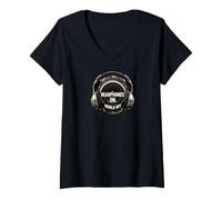 Donna Headphones On World Off Music Audio Listener Maglietta con Collo a V