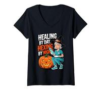 Donna Healing by Day, Hexing by Night Nurses Witchews Halloween Maglietta con Collo a V
