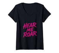 Donna Hear Me Roar - Spazzola Rosa retrò Animal Energy Wildcat Maglietta con Collo a V
