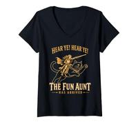 Donna Hear Ye Fun Aunt Has Arrived Aunt Knight Riding Black Cat Maglietta con Collo a V
