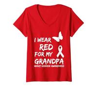 Donna Heart Disease Awareness I Wear Red for My Grandpa Ribbon Maglietta con Collo a V
