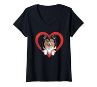 Donna Heart Shetland Sheepdog Glasses Sheltie Maglietta con Collo a V