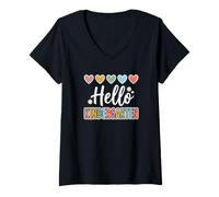 Donna Hearts Back to School Hello Kindergarten Maglietta con Collo a V