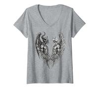 Donna Heaven And Hell Demon Angel Skull Gothic Tattoo Maglietta con Collo a V