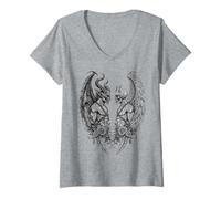 Donna Heaven And Hell Demon Angel Skull Gothic Tattoo Maglietta con Collo a V