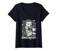 Donna Hedgehog, Amante dei Libri, Biblioteca, Lettura del caffè, Animale nel Bosco Maglietta con Collo a V