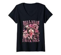 Donna Hell Yeah I Suck Toes Wild Cat Bootleg Divertente Maglietta con Collo a V