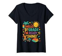 Donna Hello 1st Grade I'm Ready to Shine Back to School Ragazze ragazzi Maglietta con Collo a V