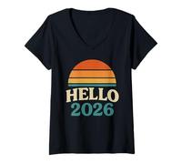 Donna Hello 2026 Camicia Groovy Retro Fun Capodanno Ventisei Maglietta con Collo a V