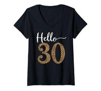 Donna Hello 30 Years, Stampa Leopardata, Regalo per Donna per 30° Compleanno Maglietta con Collo a V