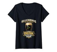 Donna Hello Darkness Dark Beer Divertente Bere San Patrizio Maglietta con Collo a V