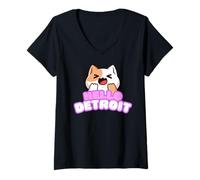 Donna Hello Detroit - Simpatico Gatto Kawaii Anime Design Maglietta con Collo a V