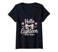 Donna Hello Eighteen EST 2026 Fiocco Floreale Compleanno Maglietta con Collo a V
