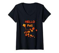 Donna Hello Fall Autumn Design con Foglie d'Acero e Aquilone per accogliere Maglietta con Collo a V