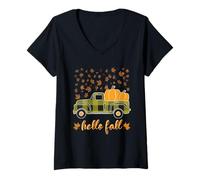 Donna Hello Fall Camicia Divertente Halloween Zucca Buffalo Plaid Camion Maglietta con Collo a V
