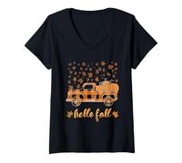 Donna Hello Fall Camicia Divertente Halloween Zucca Buffalo Plaid Camion Maglietta con Collo a V