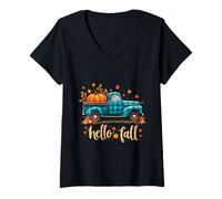 Donna Hello Fall Camicia Divertente Halloween Zucca Buffalo Plaid Camion Maglietta con Collo a V